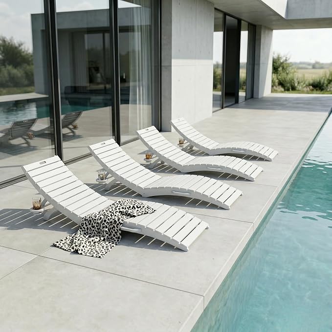 Folding HDPE Pool Lounge Chairs Set of 4, Pre-Assembled Outdoor Chaise Lounge