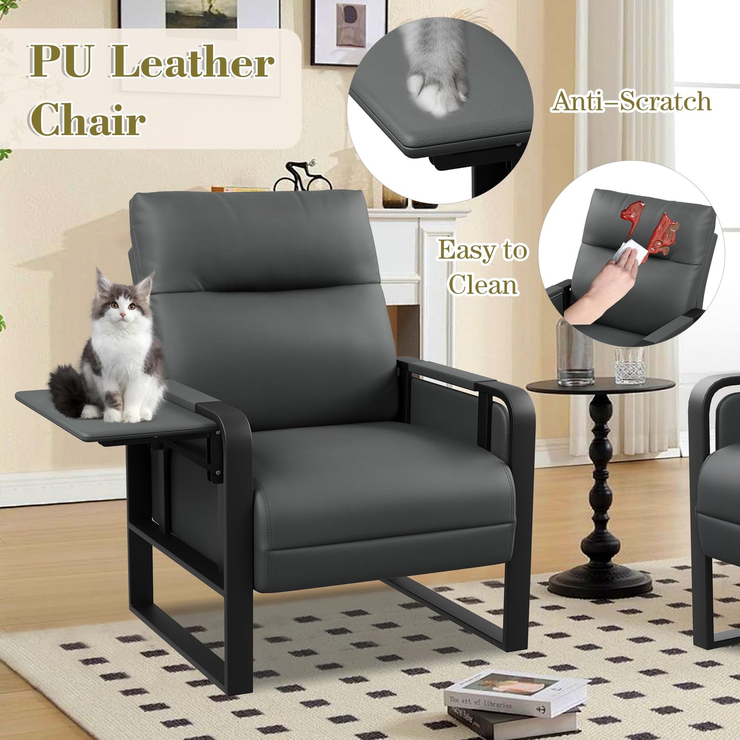Apeaka Modern Faux Leather Accent Chair Upholstered Armchair with Side Table for Bedroom Living Room Chairs Office Chair Grey Leisure Chair