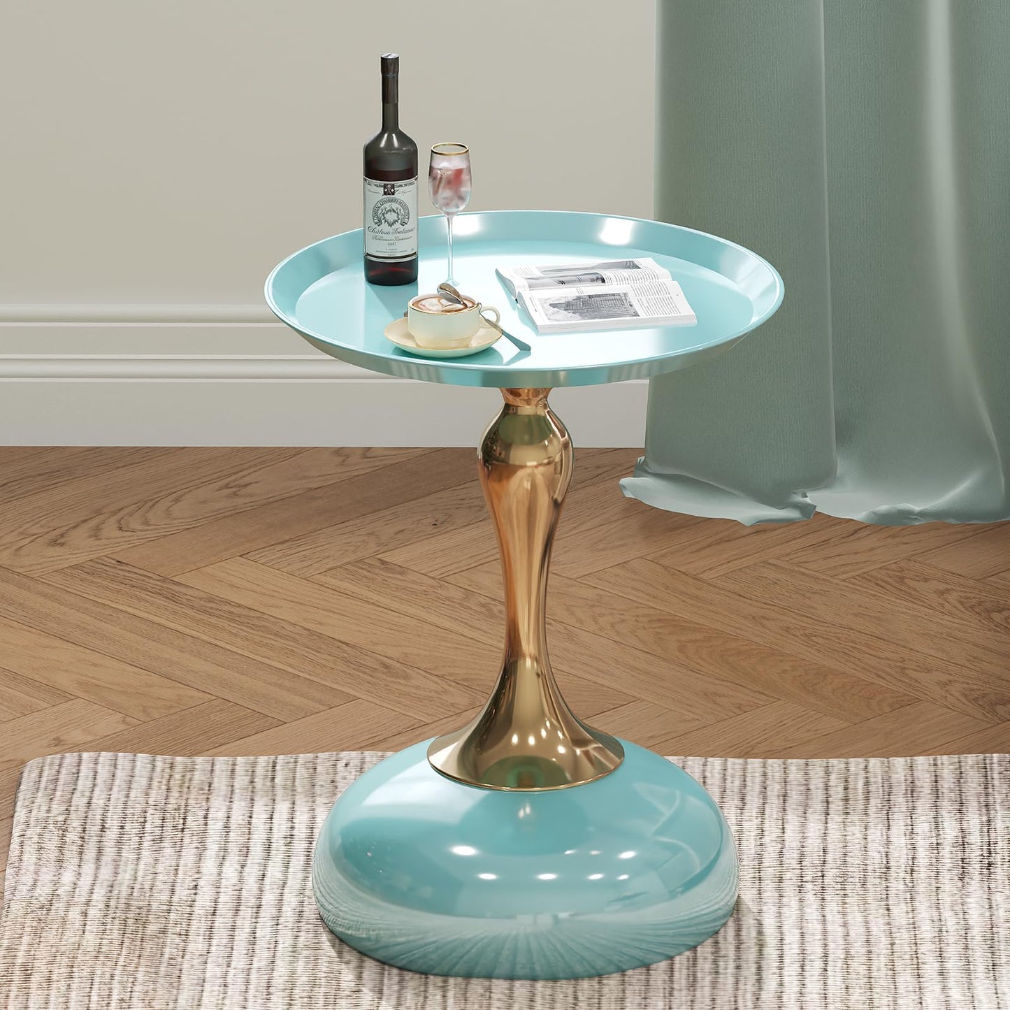 wangbochuan 1-Pack Light Green Sleek Hourglass Side Table - Glossy Finish & Metallic Base | Contemporary Accent End Table for Living Room, Cafe & Home Decor Spaces