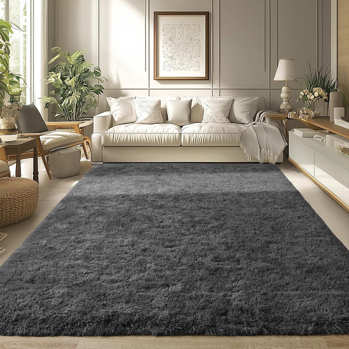 Merelax Modern Soft Fluffy Large Shaggy Rug for Bedroom Livingroom Dorm Kids Room Indoor Home Decorative, Non-Slip Plush Furry Fur Area Rugs Comfy Nursery Accent Floor Carpet 4'x6' Dark Grey