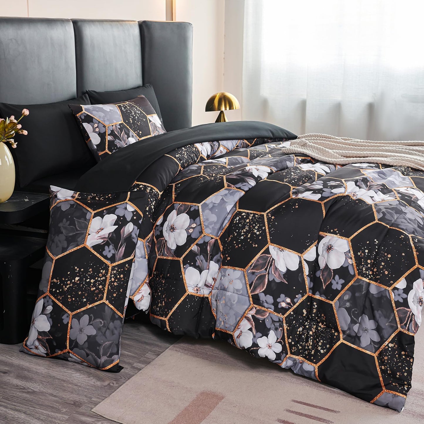 ZRNBAST 7 Pieces King Comforter Sets, Black Geometric Bed in A Bag with Sheets, Floral Print Bedding Sets, Soft Lightweight Microfiber Bed Set for All Season(Black Floral,King)
