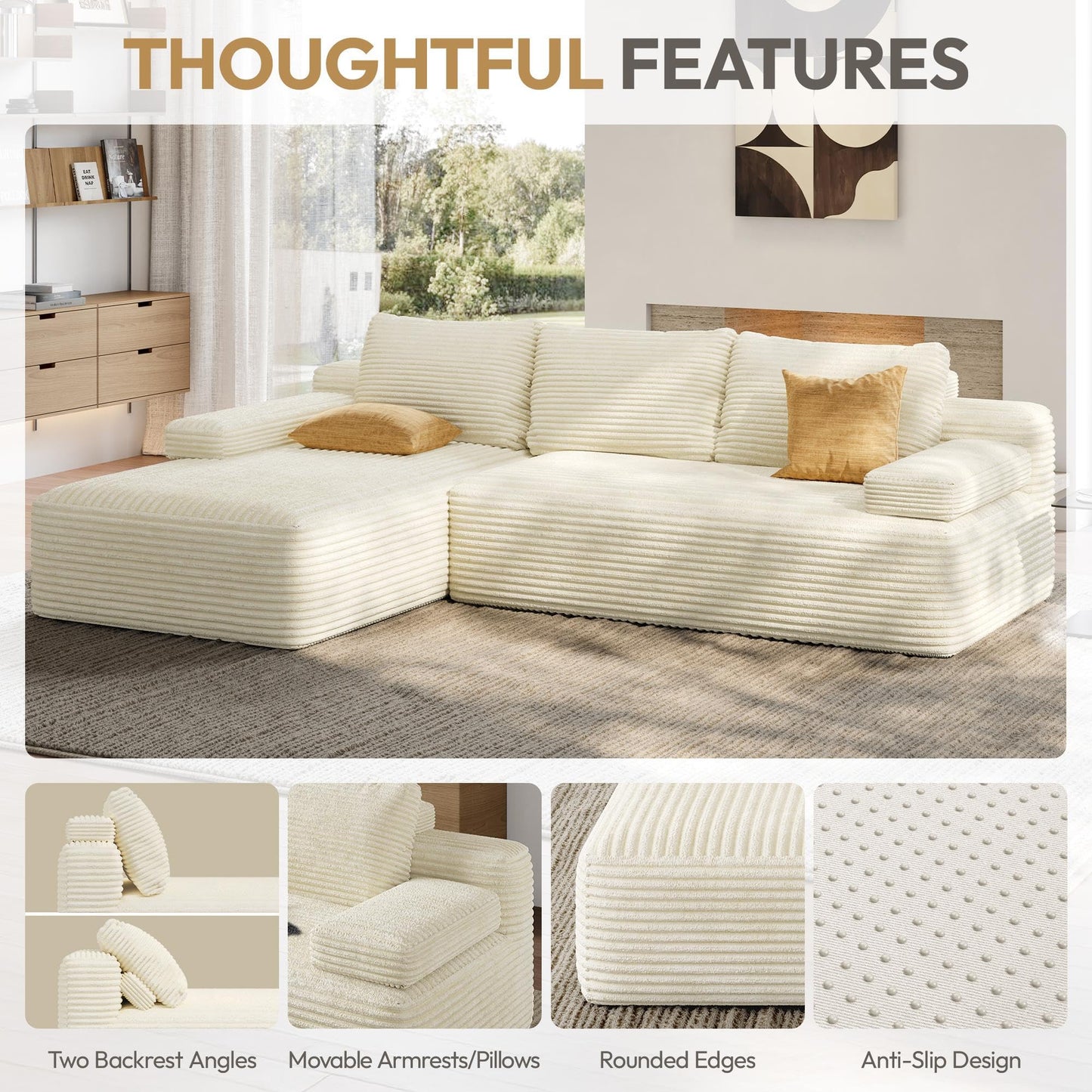 Yaheetech 110" Modular Sectional Sofa Corduroy Boneless Couch with Chaise L-Shape Cloud Couch with Detachable Pillows No Assembly Sofa for Living Room, Beige