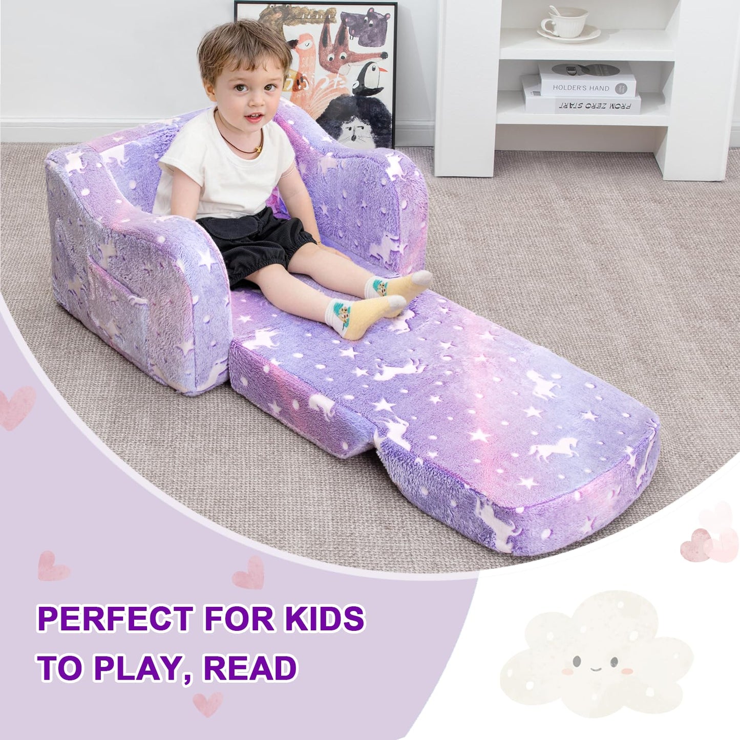 Airpanda Comfy Kids Chair and Couch with Blanket,2-in-1 Soft Fold Out Couch for Girls and Boys,Convertible Sofa Chair for Playroom,Purple Pony