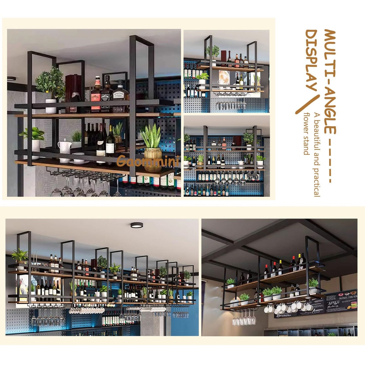 GFRWKCEX Ceiling Floating Shelves, Black Metal Frame Hanging Wine Rack, 2-Layer Wall Mounted Wine Glass Rack, Decoration Wine Storage Holder for Bar Cafe Kitchen(60x30x80cm)