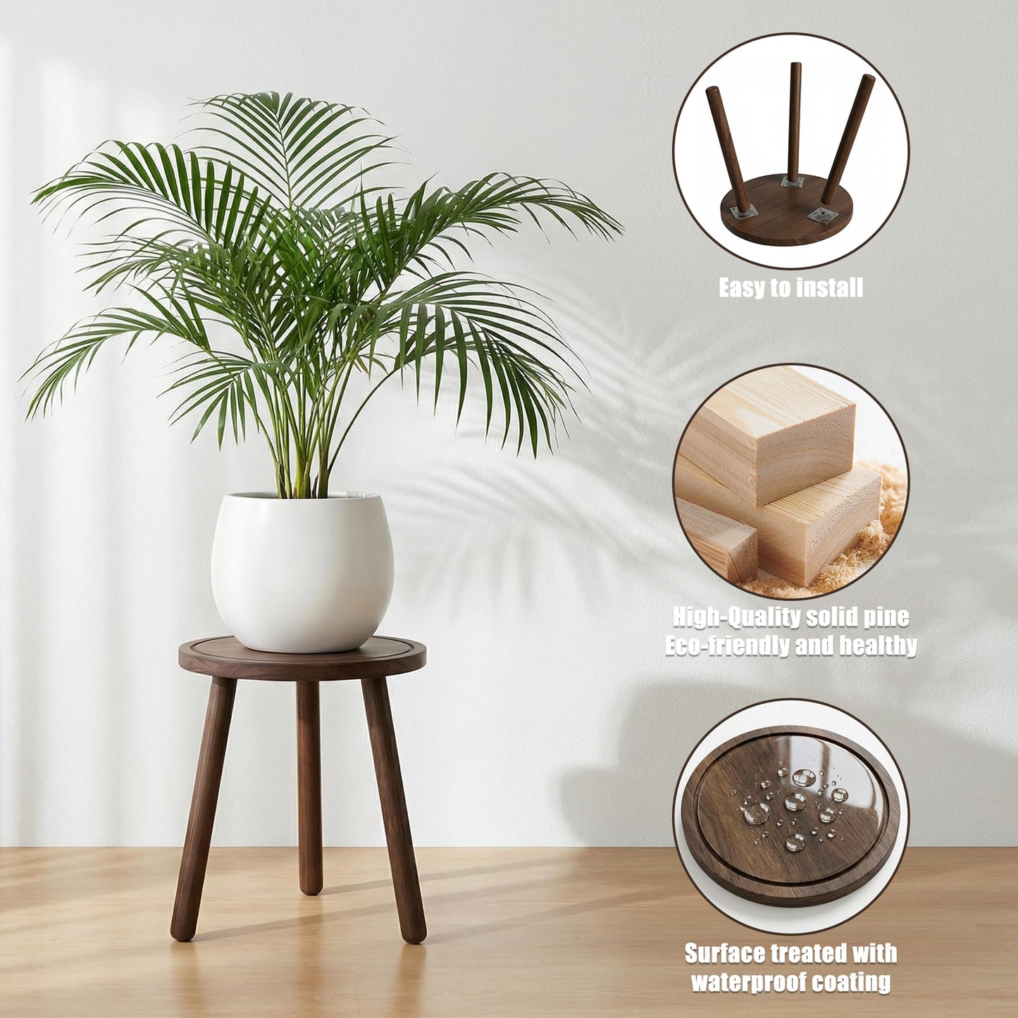 SEQUEDA Wood Plant Stands Indoor, Updated Single Plant Stand Modern Plant Table for Large Plants, Wooden Plant Stool, Tall Plant Holder Small Round Side for Living Room, Balcony, Office (Dark Brown)