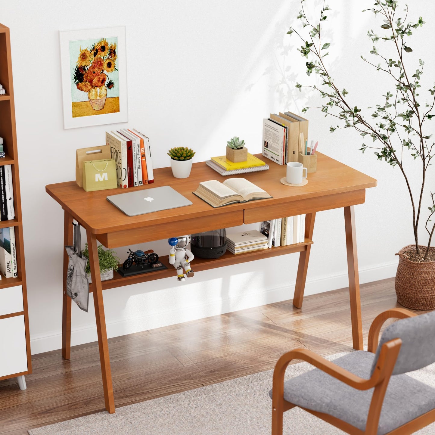 100% Solid Wood Writing Desk - 47.2" Mid Century Modern Desk, Home Office Desks with 2 Drawers and Storage Shelf, Small Computer Desks, Study Makeup Workstation for Bedroom/Living Room, Walnut