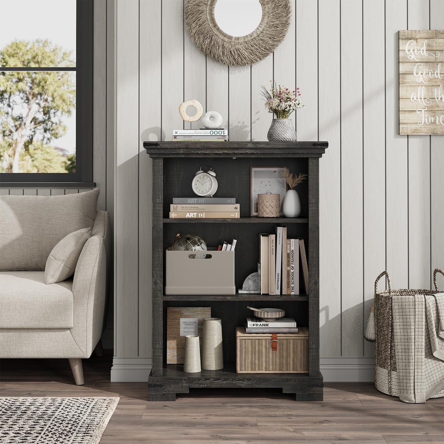 HOTLUU 3-Tier Farmhouse Bookshelf, Book Shelf with Open Storage & One Adjustable Shelf, 9.8" D x 26" W x 38" H, Wooden Bookshelf for Study Room, Living Room, Kitchen, Bedroom (Black)