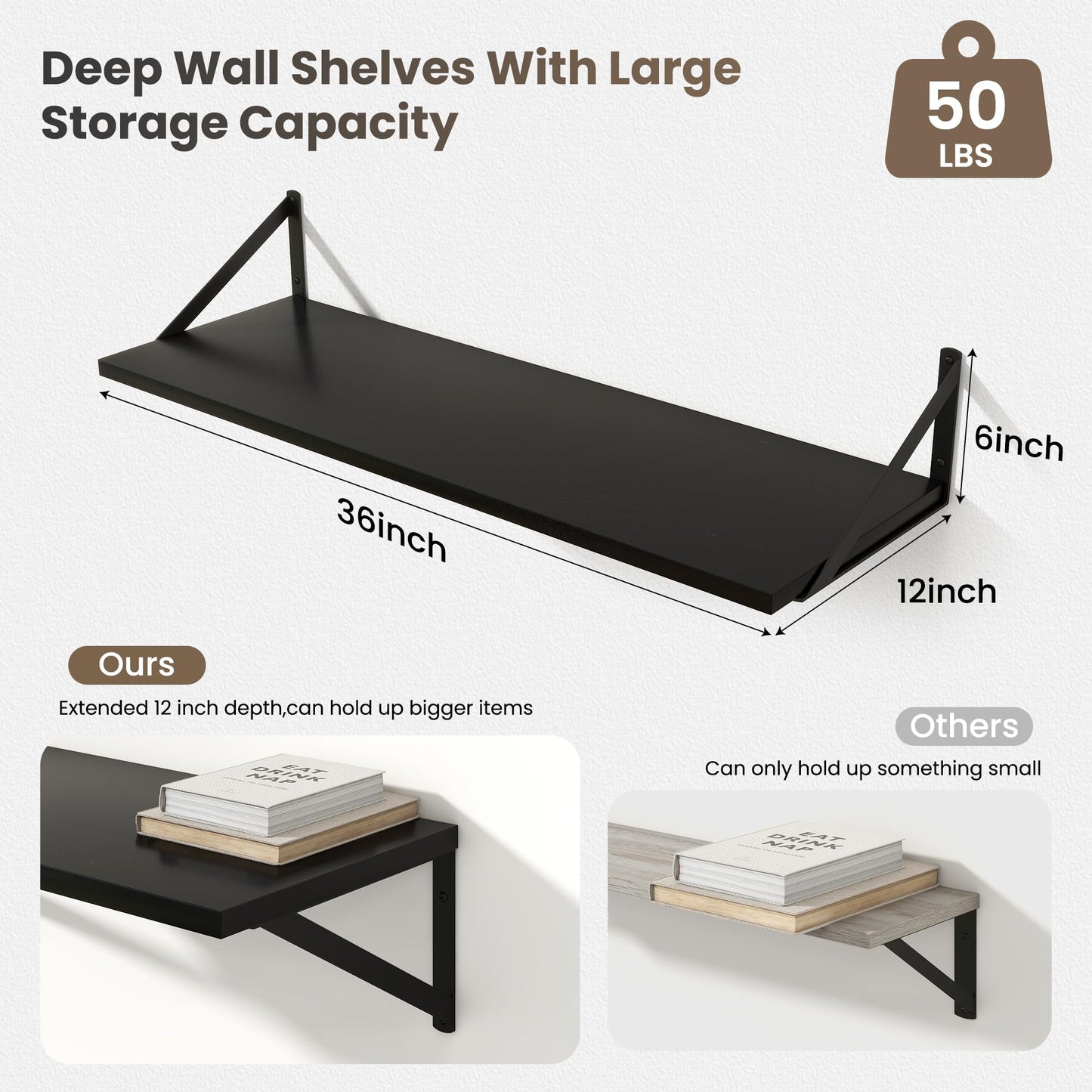 Marsmiles Deep Floating Shelves | 36 Inch Black Wood Wall Shelves Set of 2 | 12 Inch Deep Floating Shelves for Wall | 36''W x 12''D Black Wooden Shelves for Bathroom Living Room Bedroom Kitchen