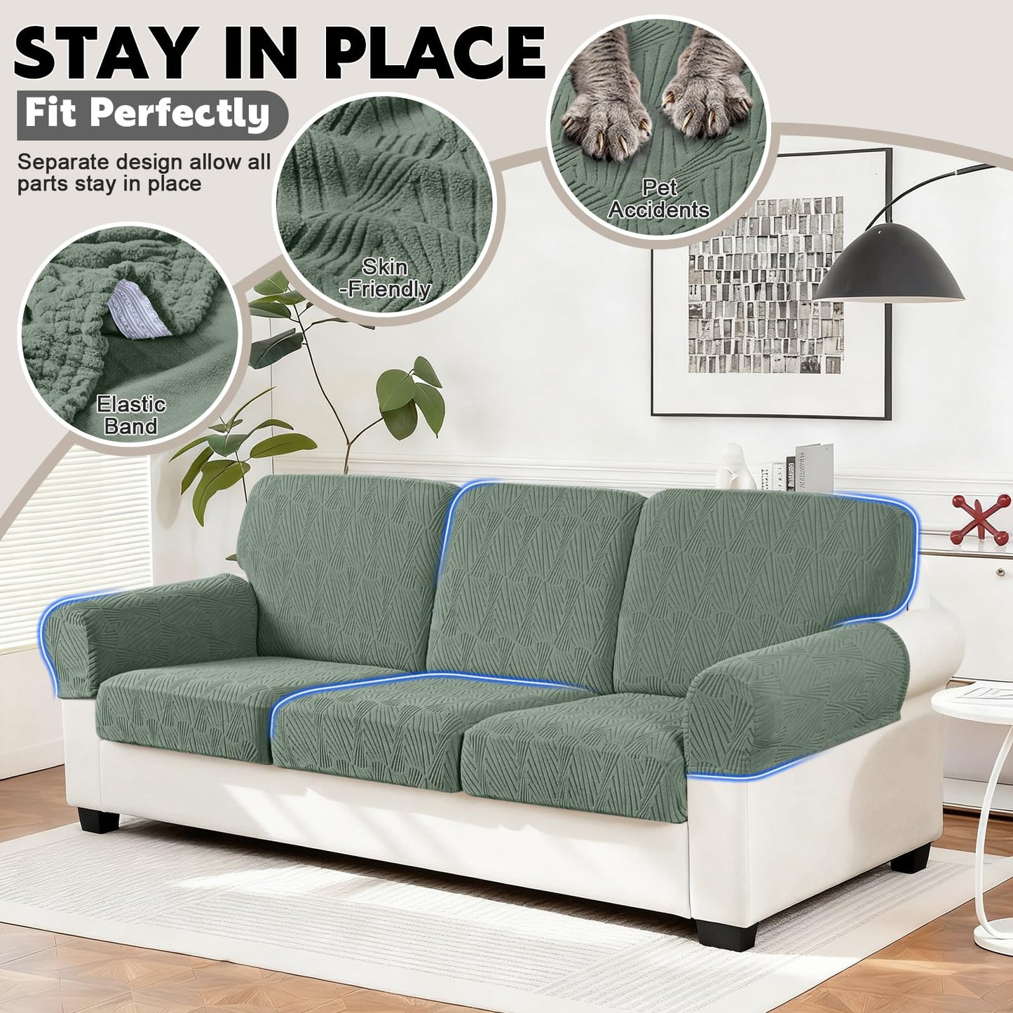 VANSOFY Couch Cushion Covers for Sectional Sofa, Stretch Jacquard Couch Seat Cushion Covers, Individual Washable Furniture Protector Sofa Slipcovers for Pet (3Pc Seater or Back Cover, Bean Green)