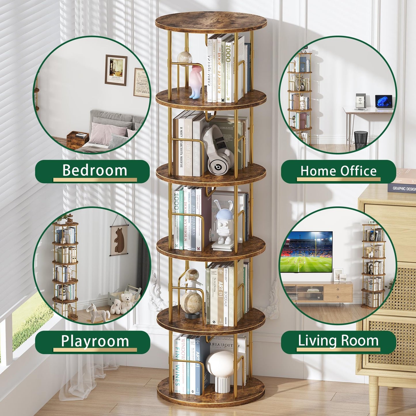 5Tier Rotating Bookshelf, 360 ° Display Stackable Spinning Bookshelf Tower,Round Space Saving Tall Floor Standing Swivel Bookcase Corner Storage Organizer for Bedroom/Living Room/Office，Gold