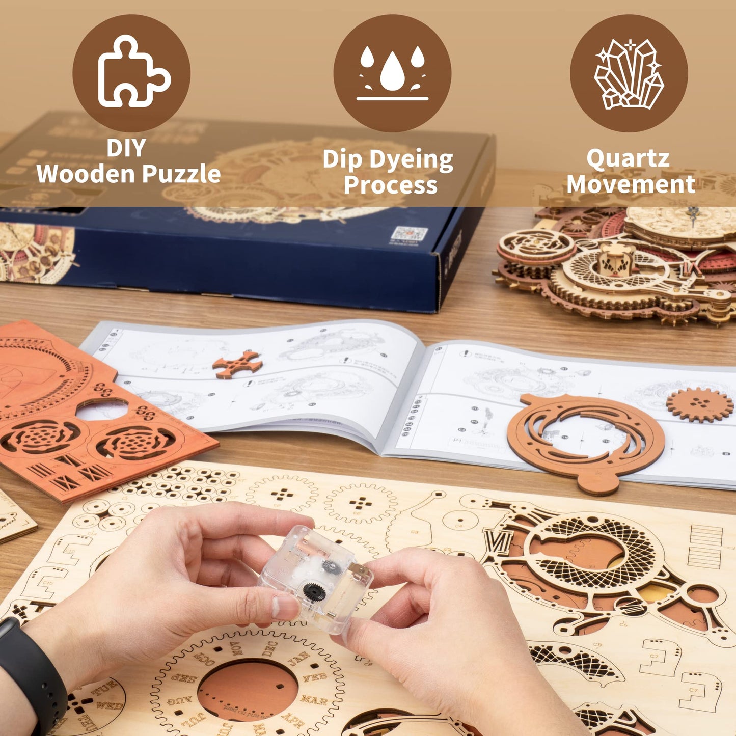 ROBOTIME 3D Wooden Puzzles for Adults, Models for Adults to Build Wooden Steampunk Clock Kit, DIY Mechanical Wall Quartz Aesthetic Room Decor Unique Gift