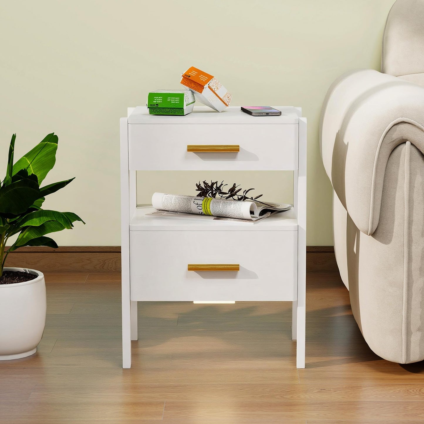 Tltaroni Nightstand with 2 Drawers and Open Shelf Wooden Bedside Table Gold Handles Modern Storage Night Stand Sensor Light for Bedroom, White