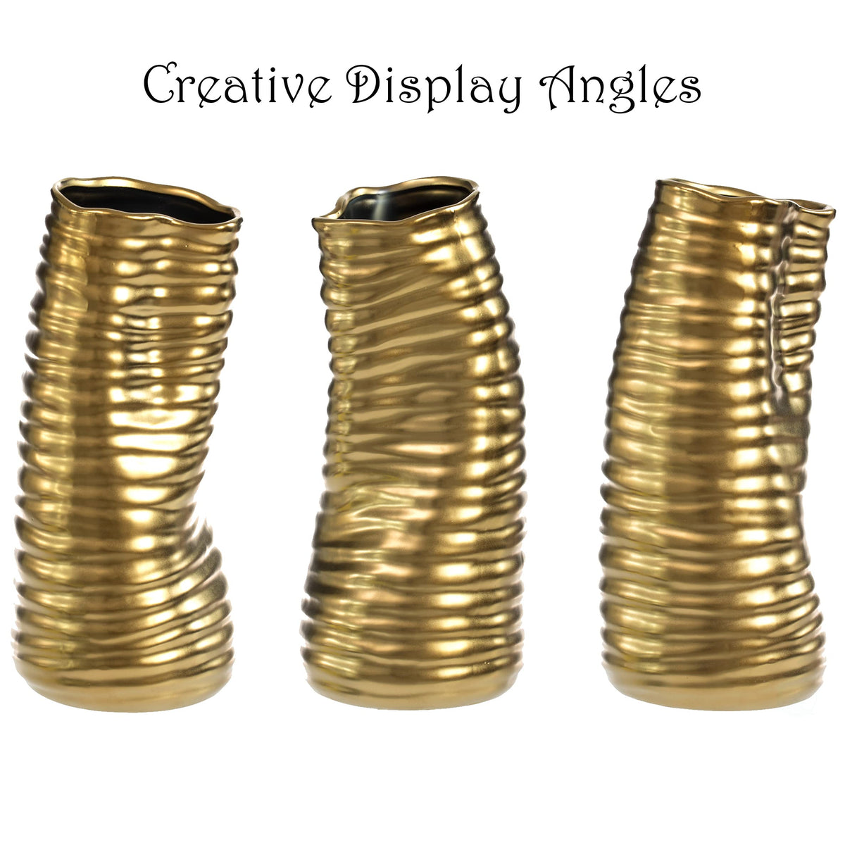 9" H Ceramic Bent Melted Modern Style Sculpture Table Centerpiece Flower Vase, Gold