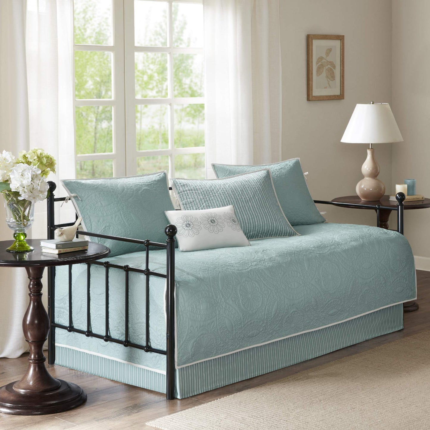Madison Park Daybed Cover Set - Trendy Design, All Season Luxury Bedding with Bedskirt, Matching Shams, Decorative Pillow, Floral Medallion Quilted Blue 75"x39" 6 Piece