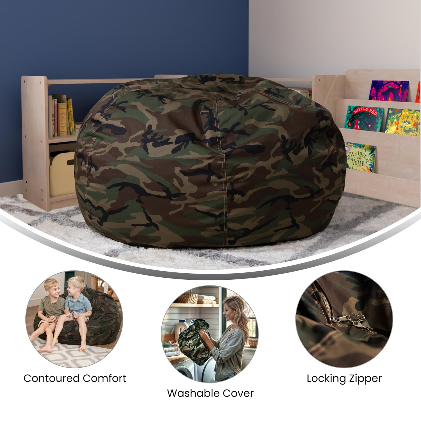 Flash Furniture Duncan Oversized Bean Bag Chair for Kids and Adults, Foam-Filled Beanbag Chair with Machine Washable Cover, Camouflage