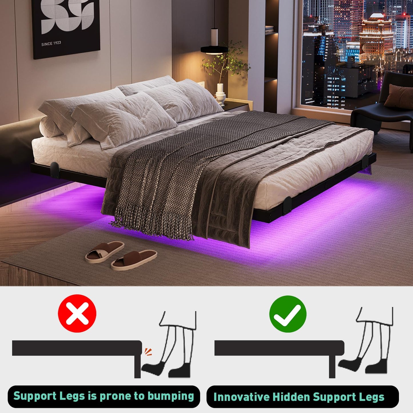 AGXI Floating Bed Frame with LED Lights and Charging Station, 10 Inch Floating Bed Frame Full, Metal Platform Full Bed, No Box Spring Needed, Easy to Assemble