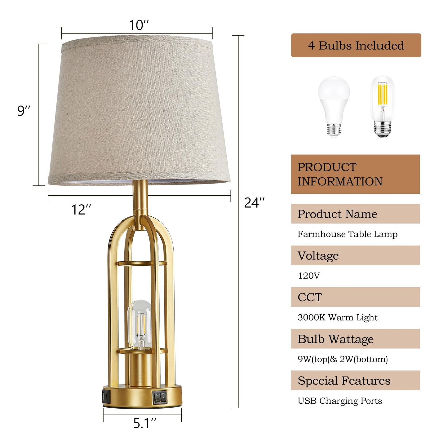 SRJJA Gold Table Lamps for Living Room Set of 2 - Modern Farmhouse Bedside Lamps for Bedroom Night Stands with Nightlight and USB A+C, Industrial Lamp for Living Room End Tables