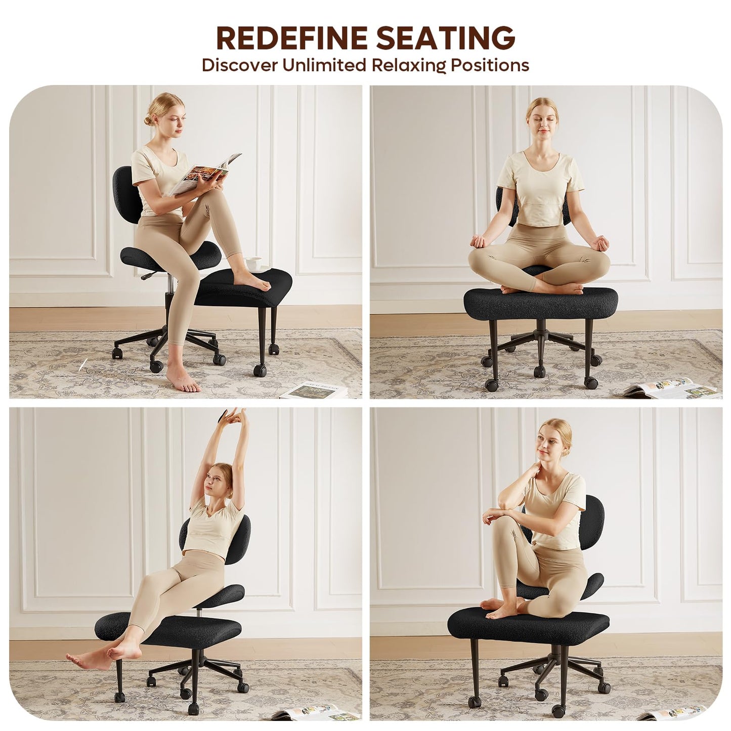 Cross Legged Office Chair with Wheels for ADHD, Ergonomic 360° Swivel Height-Adjustable Meditation Chair for Yoga, Wide Kneeling Chair with Strong Lumbar Support, Teddy Fabric, Black