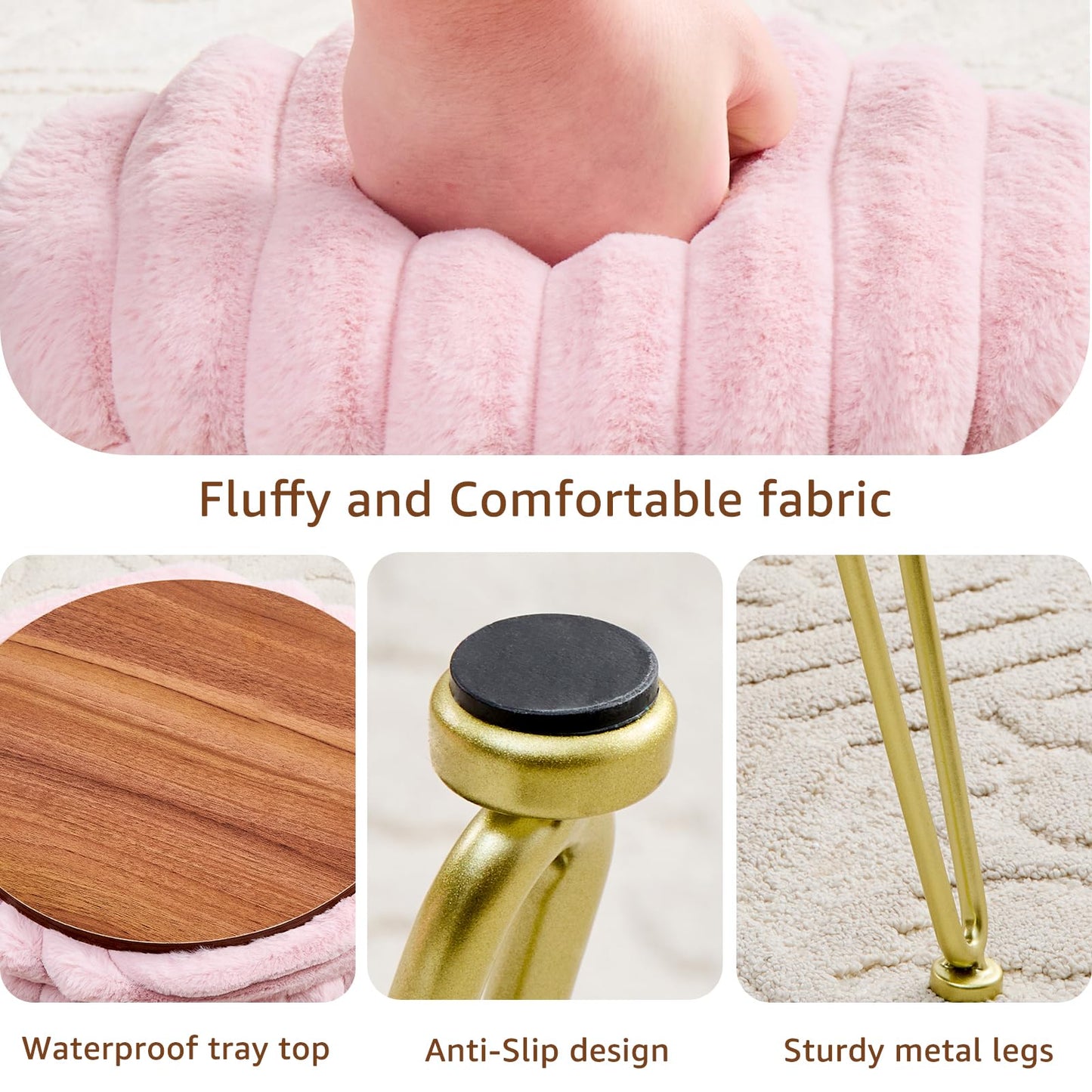 Wimarsbon Vanity Stool with Storage, Faux Fur Ottoman Chair with Metal Legs, Round Makeup Vanity Chair for Bedroom or Dressing Table, Modern Small Ottoman Seat (Pink)