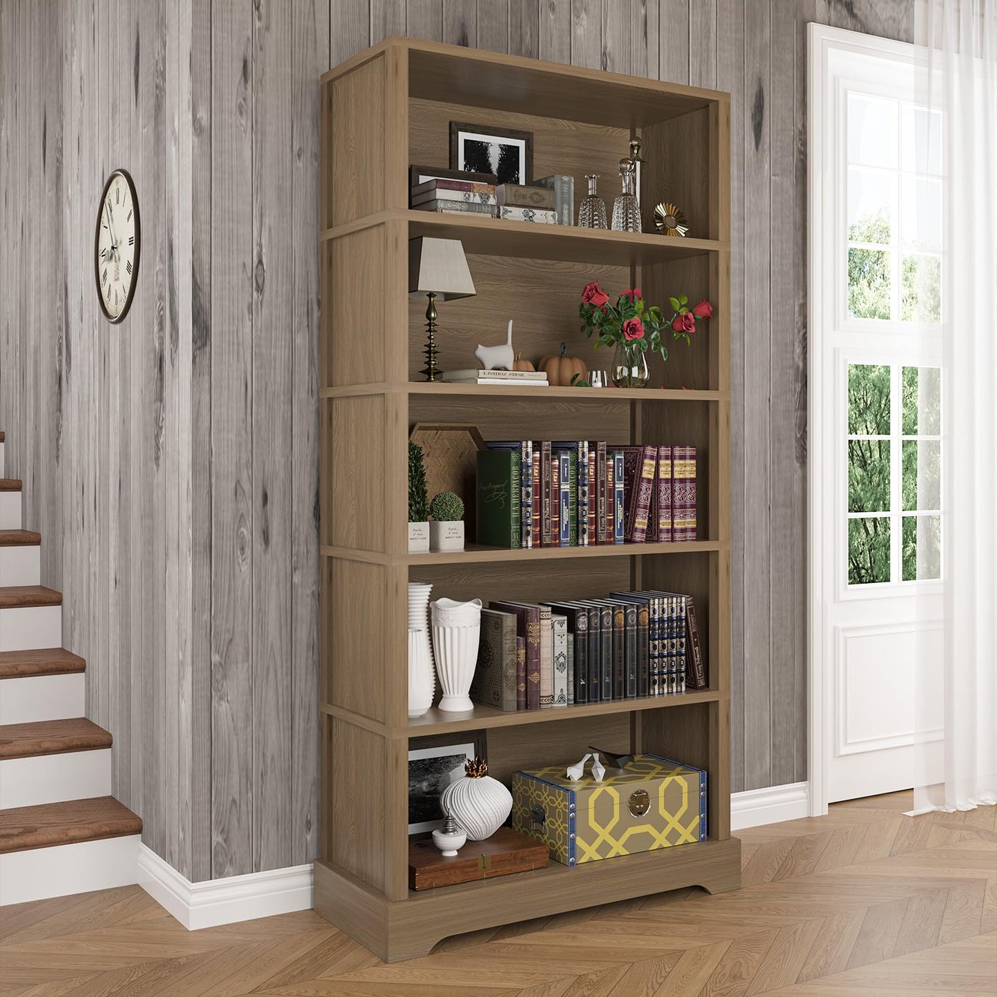 TVU 5-Tier Wooden Bookshelf, 65" Tall Farmhouse Style Open Bookcase, 31.5" W Standing Book Shelf with Storage, Suitable for Study, Living Room, Office, Teak