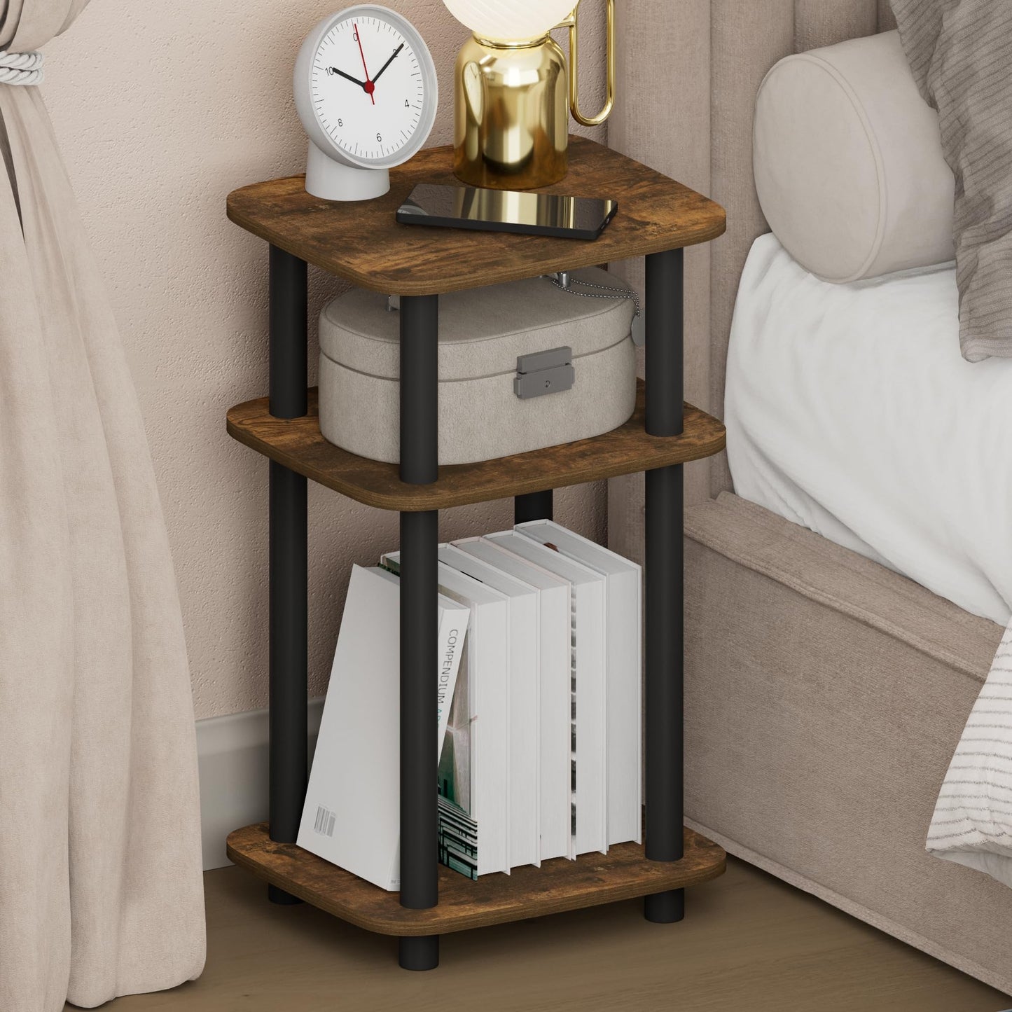 Furinno JUST Night Stand, 3-Tier Turn-N-Tube Nightstand with Open Shelf, Round Curve Corner Side Table, End Table, Easy Assembly, for Living Room, Bedroom, Amber Pine