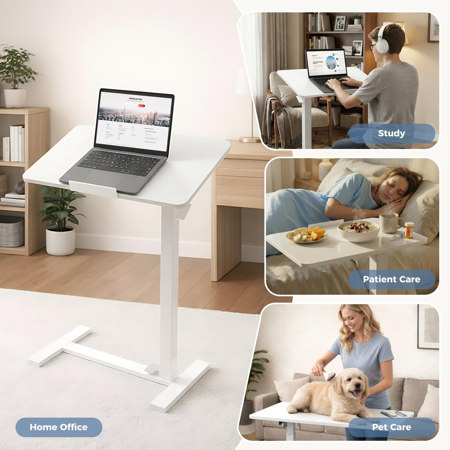 DUMOS Mobile Standing Desk, Height-Adjustable Computer Cart with Pneumatic Lift, Portable Computer Workstation Cart for Bed, Couch, Office, Sofa, White