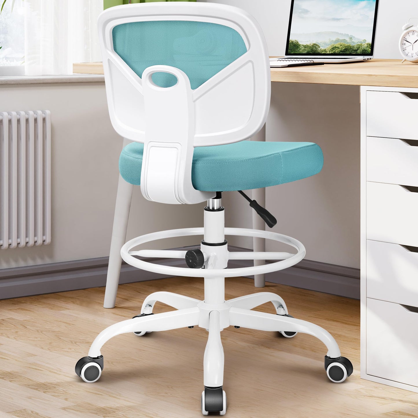 Primy Armless Tall Desk Chair, Adjustable Height and Footring, Low-Back Ergonomic Standing Desk Chair Mesh Rolling Tall Chair for Art Room, Office or Home (Teal)