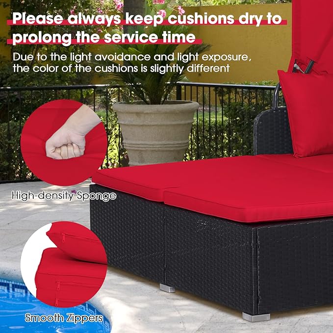 COSTWAY Outdoor Daybed with Retractable Canopy, Wicker Patio Furniture Set with