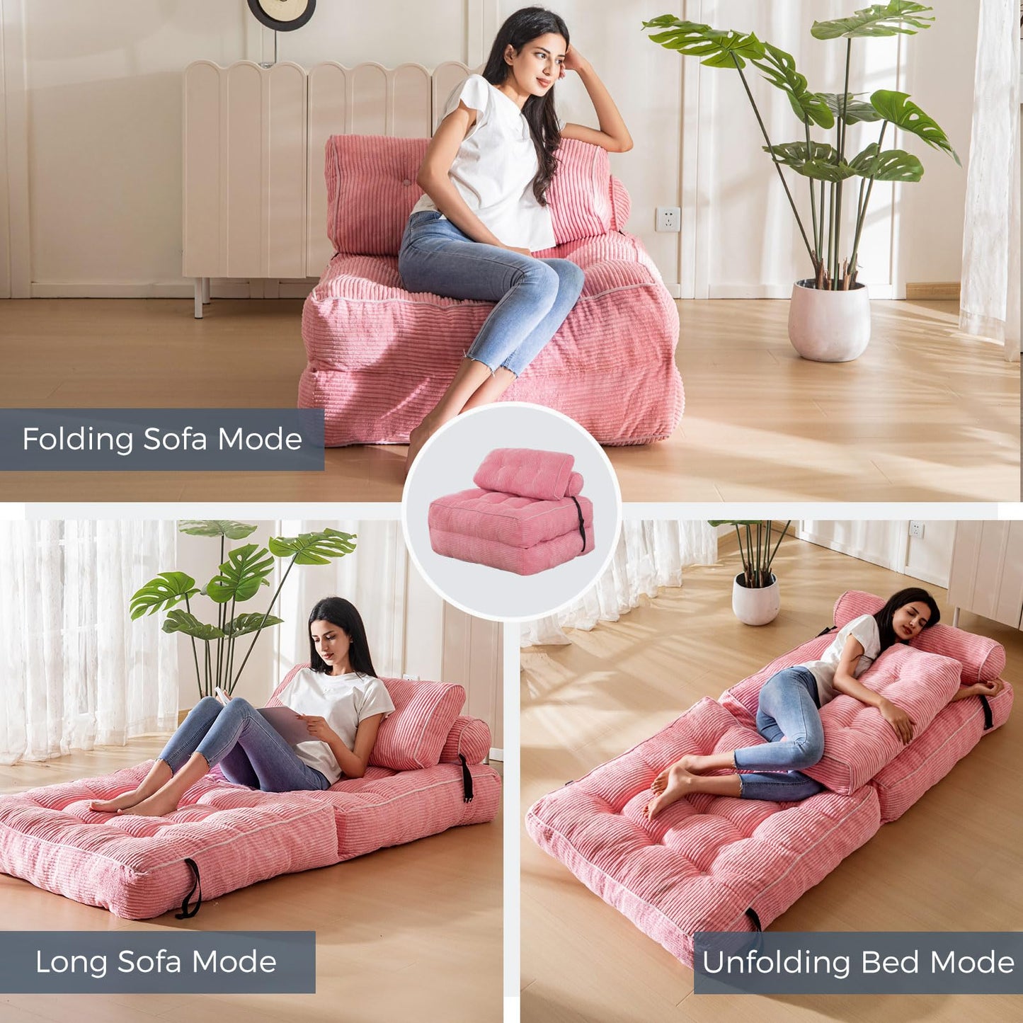 MAXYOYO Folding Sofa Bed, Convertible Chair with Pillow Foldable Couch with Back Support, Portable Fold Out Chair Bed Comfy Floor Sofa Lounge for Living Room Bedroom, Pink, Single