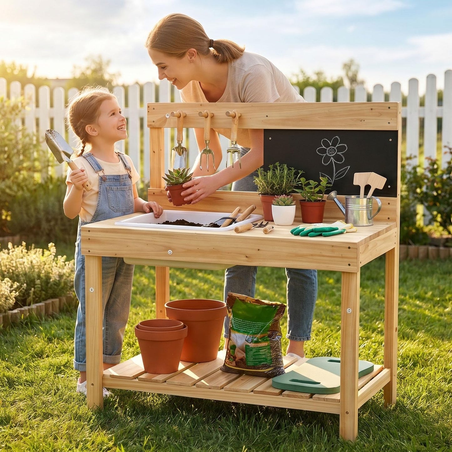 ZCCREATTIVE Children Wooden Potting Bench for Outdoor Indoor, with Sink, Blackboard, and Storage Shelves, 31 x 15 x 35 Inches,Kids Garden Work Table Workstation for Backyard Patio Lawn