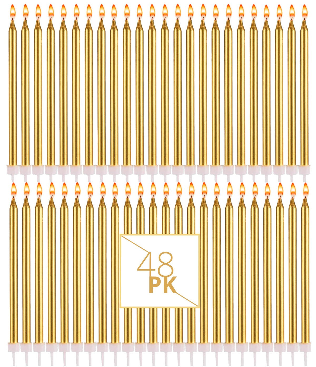 Bundaloo Gold Birthday Candles for Cake - Set of 48 with Plastic Holders - 5.5" Long, 0.20" Thickness