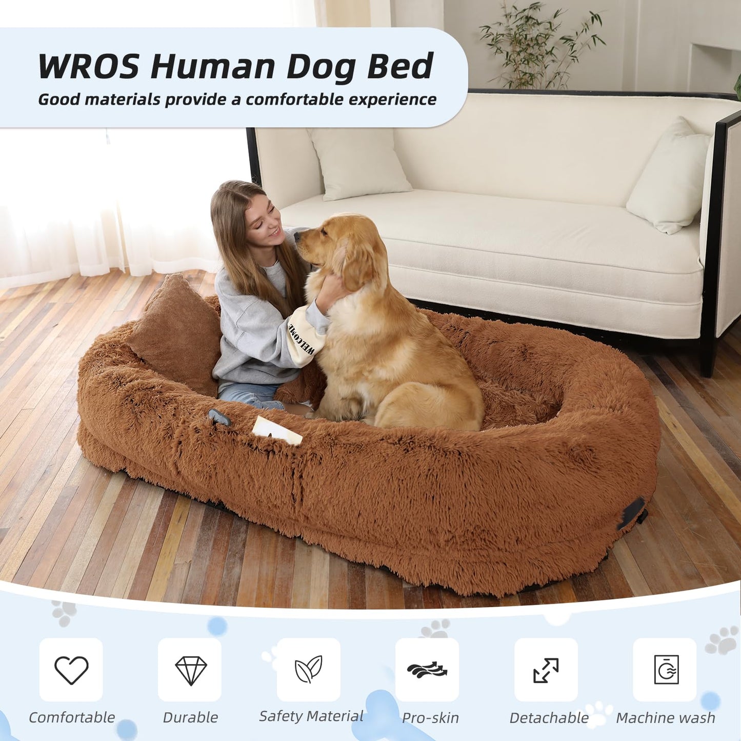 Human Dog Bed, 71''x45''x12'' Size Fits You and Pets, Washable Faux Fur Pet Bed for People Doze Off, Napping Orthopedic Dog Bed, Present Plump Pillow, Blanket, Strap - Brown