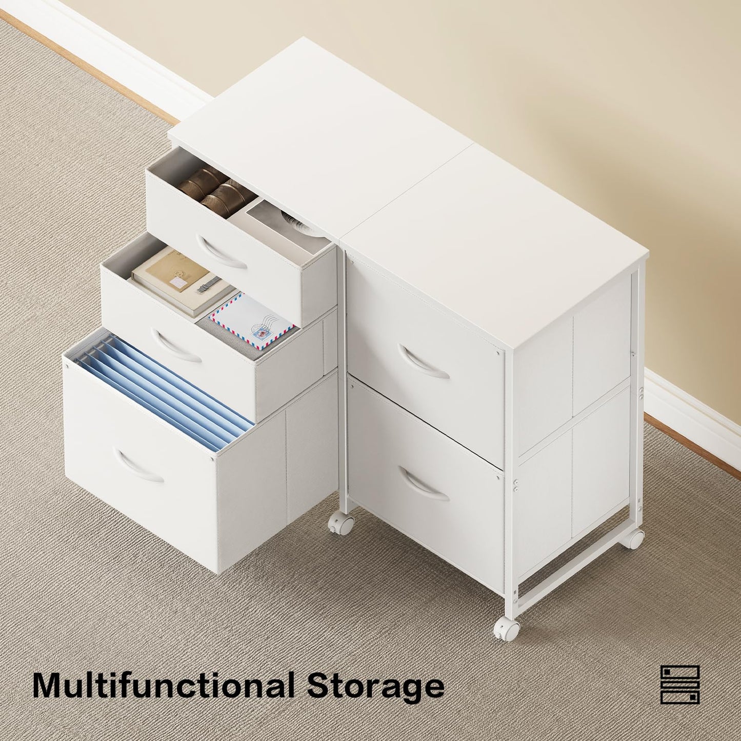 YeTom Lateral File Cabinet with 5 Drawers Rolling Filing Cabinets Under Desk Storage Printer Stand with Wheels,Mobile File Cabinet for Home Office,White