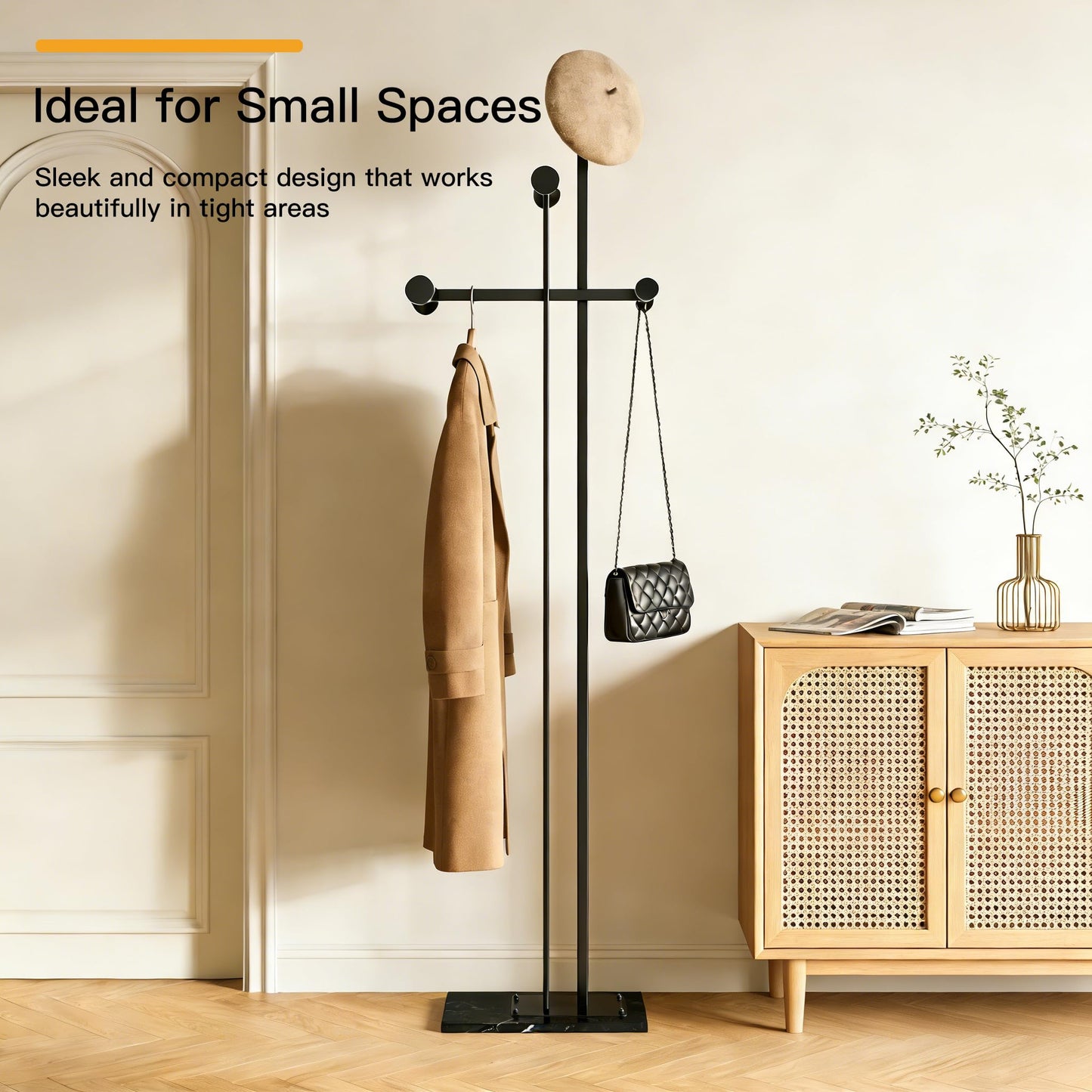 JIAYUEJU Heavy Duty Coat Rack Freestanding, Metal Coat Rack Stand with Marble Base, Corner Coat Tree for Entryway, Hallway, Bedroom, Office, Hotel (Black)