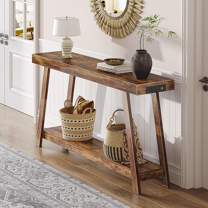 Huuger Console Table with Charging Station, USB-C Port, 2 Tiers Entryway Table