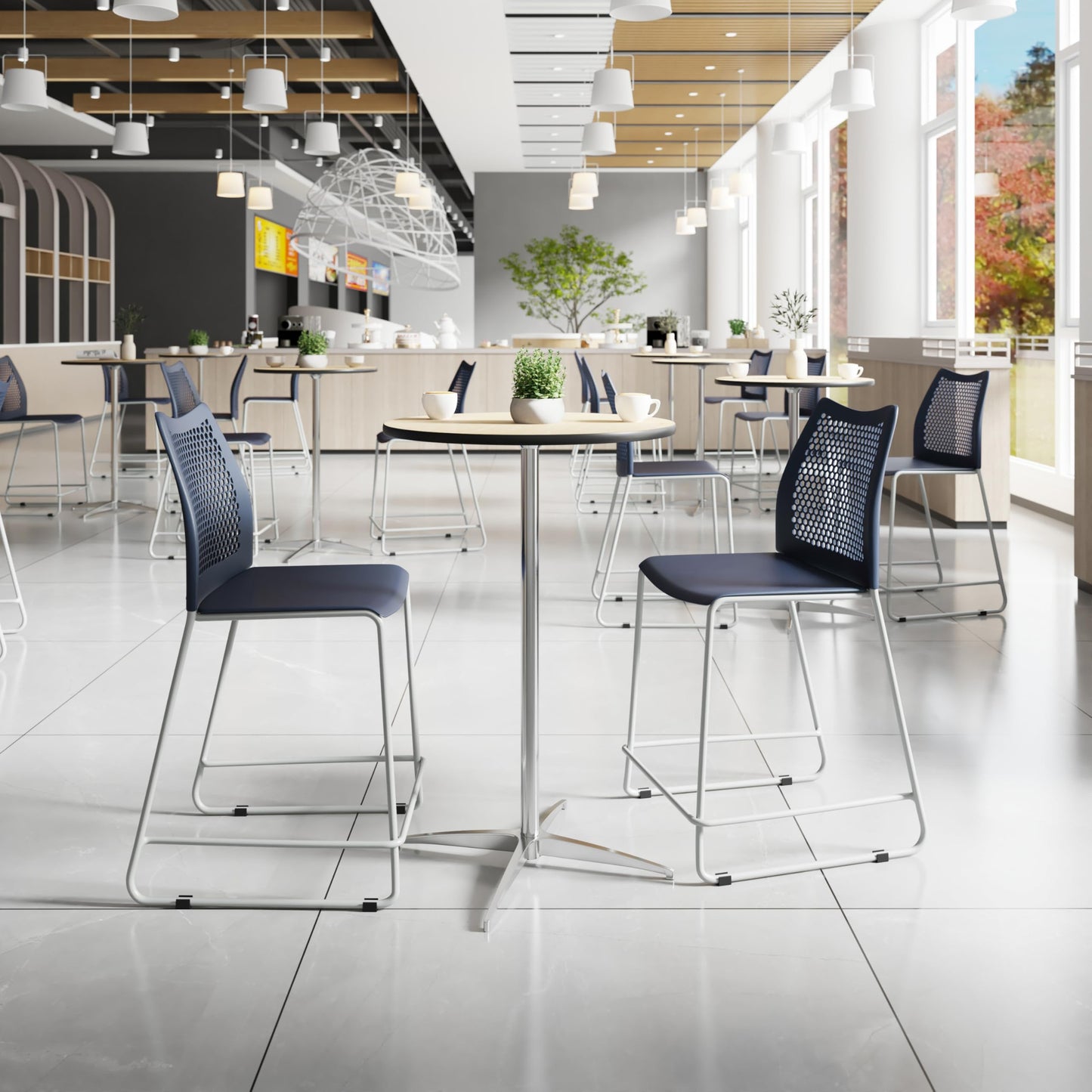 Flash Furniture Hercules Stacking Counter Height Stool with Vented Backrest and Gray Powder Coated Steel Sled Base with Integrated Footrest, Commercial Portable Stool, Set of 3, Navy