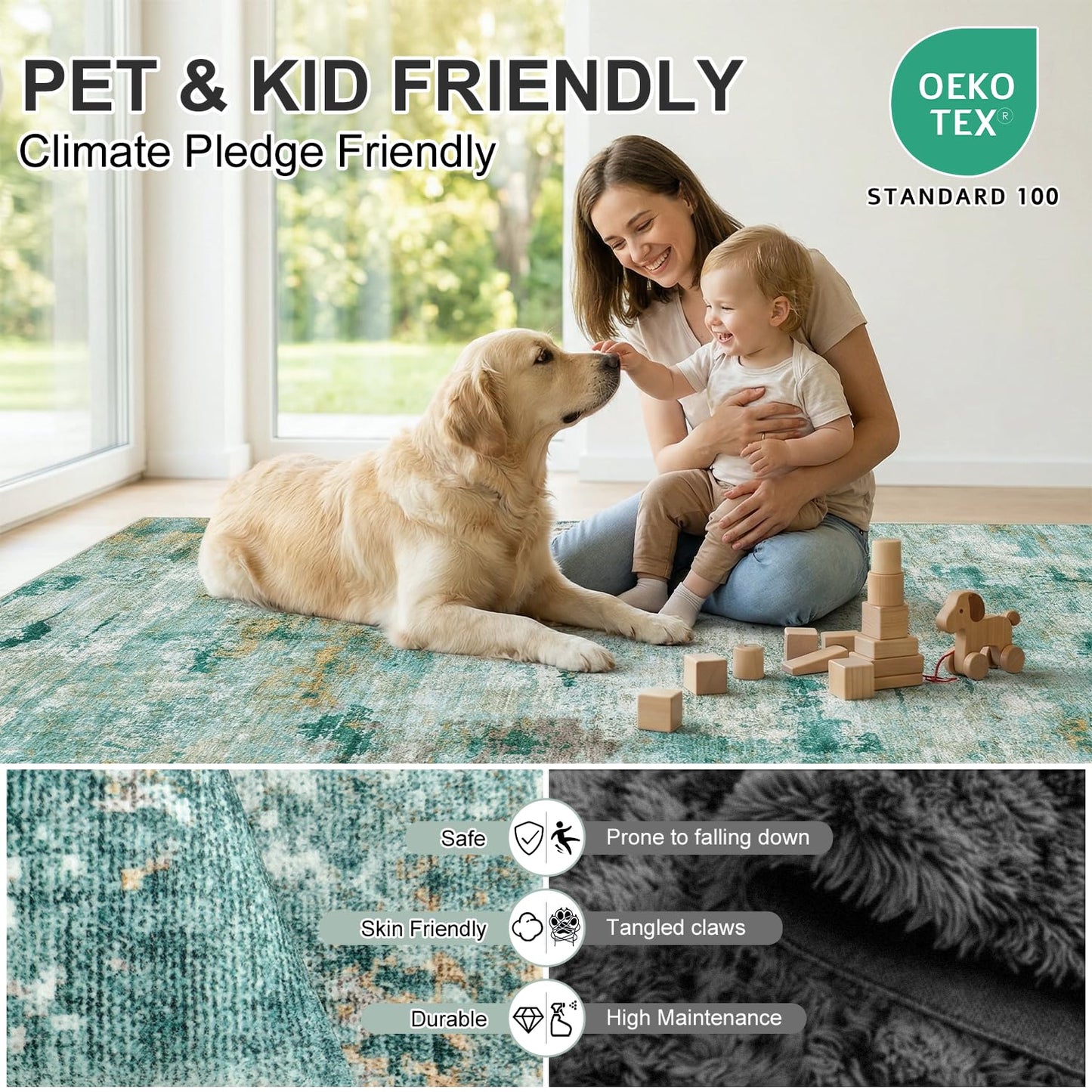 Cnythlis Water Resistant Area Rug Washable Pet Friendly Carpet for High Traffic Living Room Nursery Bedroom Foldable 0.26 Inch Abstract Thin Rugs with Silicone Backing, 5'x7', Sage Green