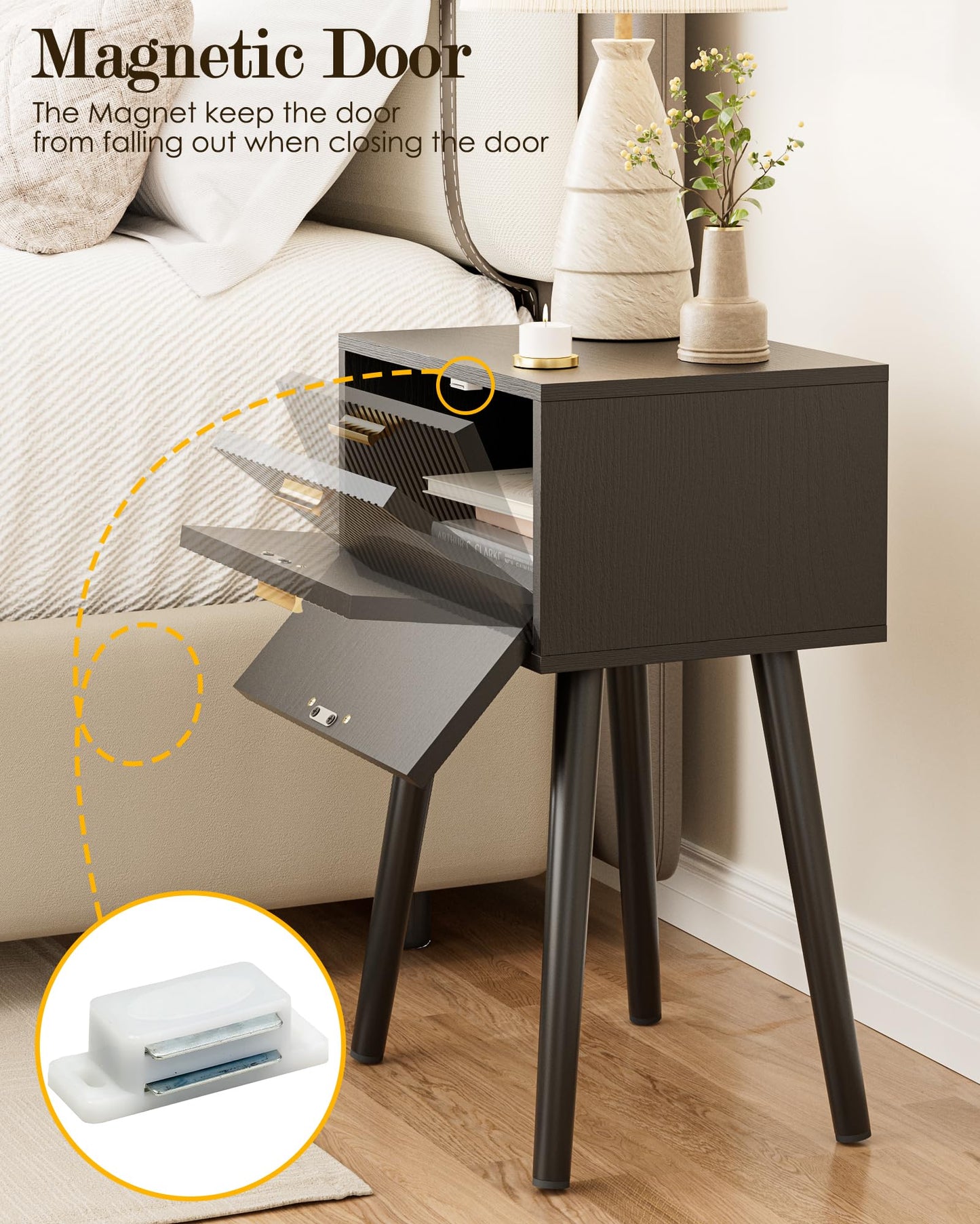 ASACESCU Night Stand, Black Nightstand with Fluted Door, Small Modern Mid-Century Bedside Table for Bedroom, End Table for Living Room