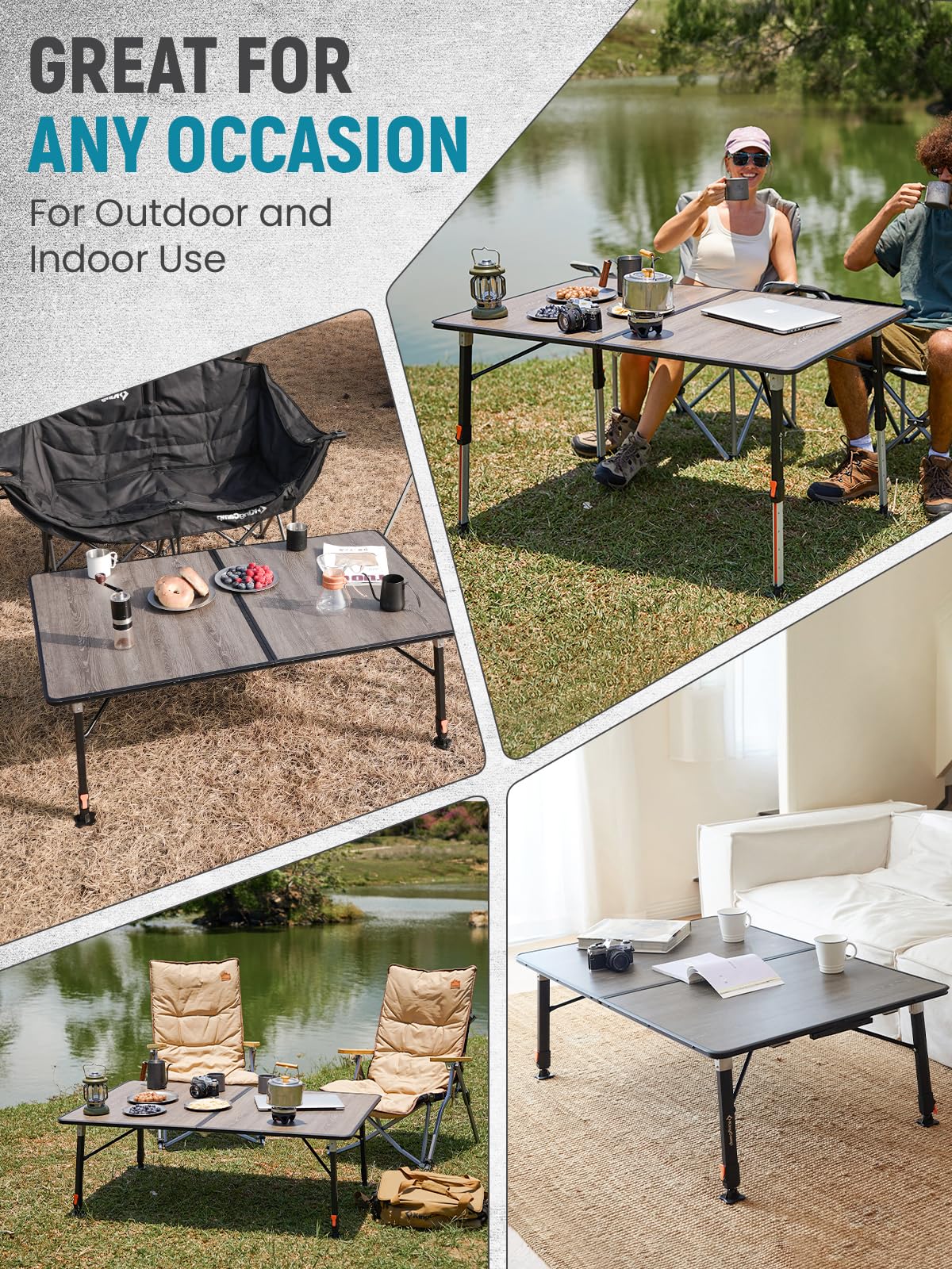 KingCamp Adjustable Height Folding Camp Table, Large Fiber Glass Portable Picnic Table for Outdoor & Indoor Use, Sturdy Aluminum Leg Patio Table for 4-6 People with Storage Bag