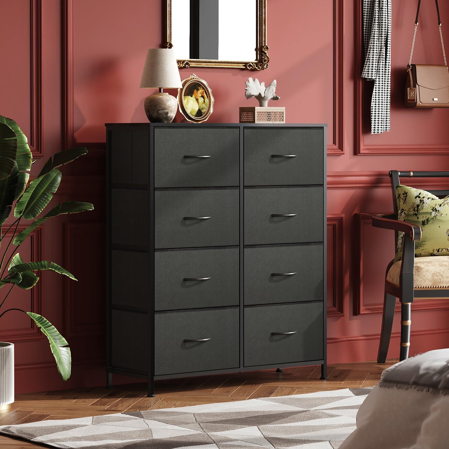 WLIVE Fabric Dresser for Bedroom, Tall Dresser with 8 Drawers, Storage Tower with Fabric Bins, Double Dressers, Chest of Drawers for Closet, Living Room, Hallway, Charcoal Black