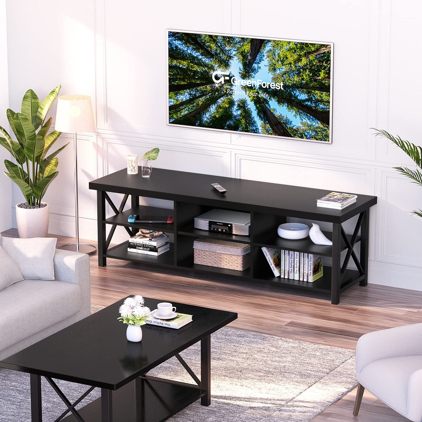 GreenForest TV Stand for TV up to 65 inches, Entertainment Center with 6 Storage Cabinet for Living Room, 55 inch Farmhouse Television Stands Console Table, Industrial TV stands for Living Room, Black