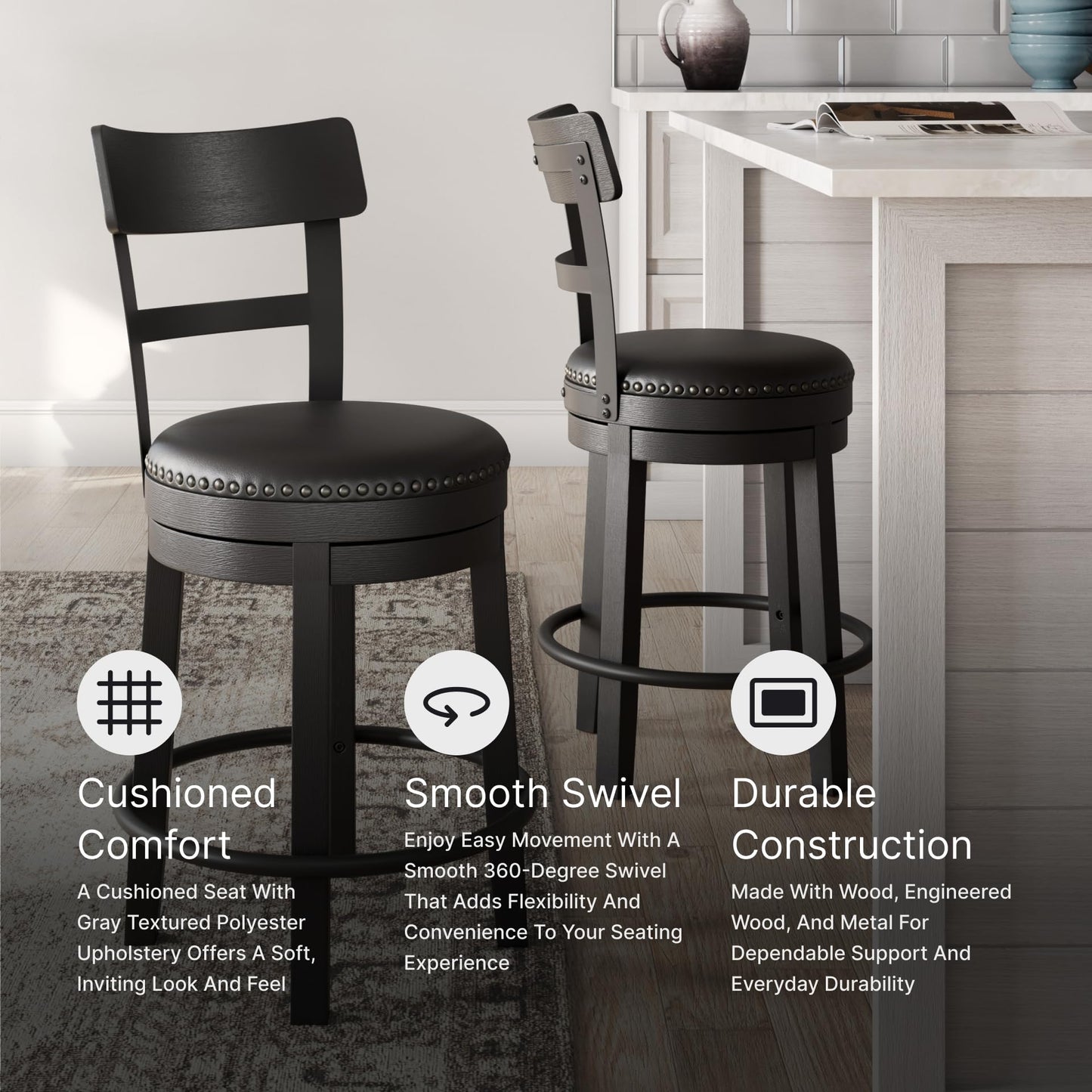 Signature Design by Ashley Valebeck Faux Leather Upholstered Swivel Barstool, Nailhead Trim, Solid Wood, 16.75" W x 19.75" D x 37.25" H, Antique Black