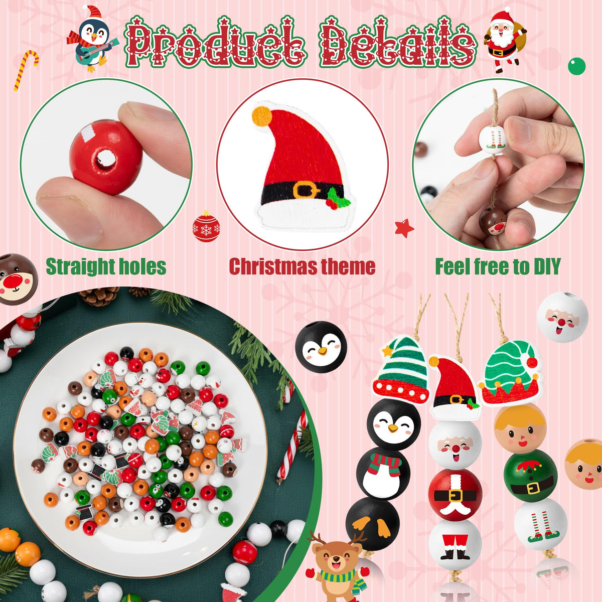 HoniedPepperino Christmas Wooden Bead with Twine - 240Pcs DIY Santa Claus Snowman Gingerbread Man Elf Bead Garland Crafts, Xmas Farmhouse Rustic Round Decor Ornaments for Christmas Winter Party Home