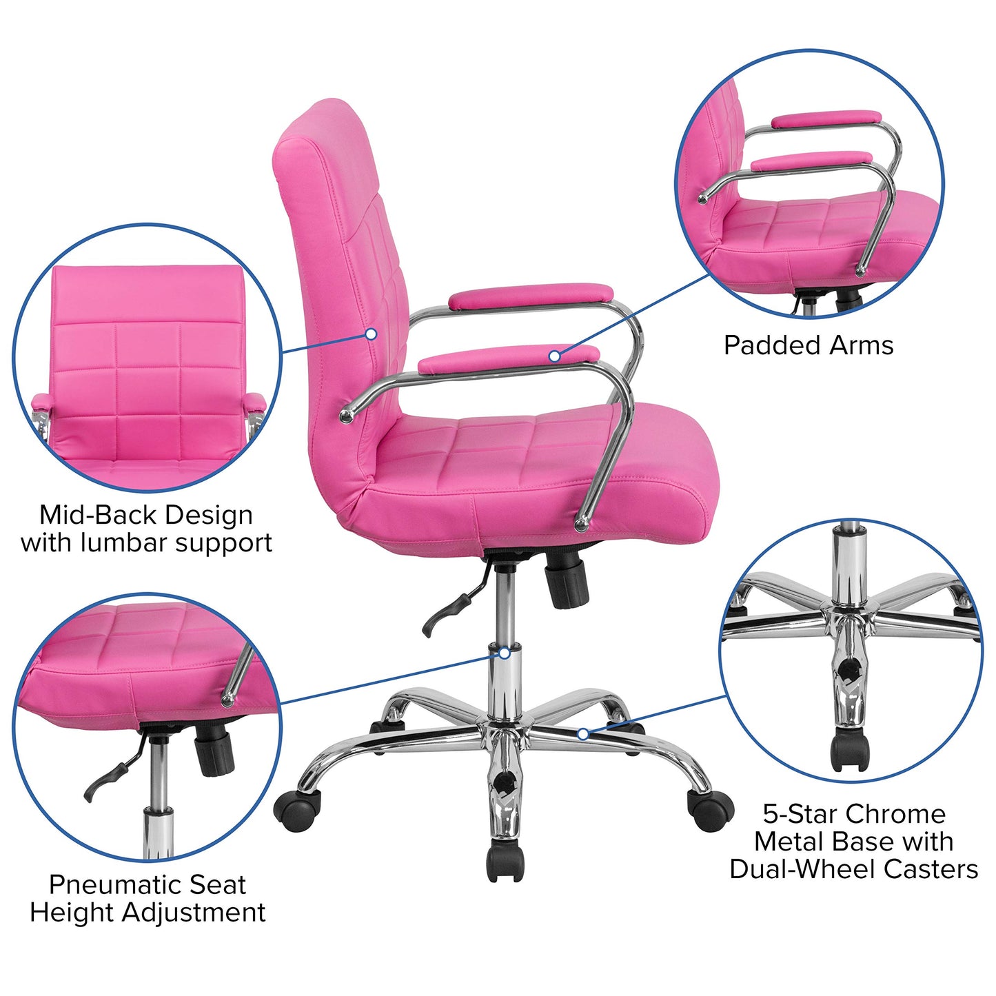 Flash Furniture Vivian Mid-Back Pink Vinyl Executive Swivel Office Chair with Chrome Base and Arms