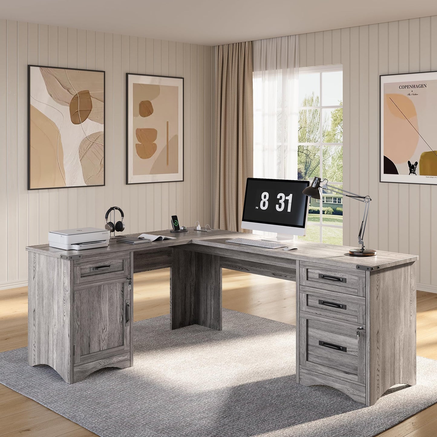 OneBlis Farmhouse 67" L Shaped Executive Desk with Drawers, Wood Home Office Corner Desk with Power Outlets, Lockable File Cabinet, Rustic Computer Writing Desk for Home Office, Grey