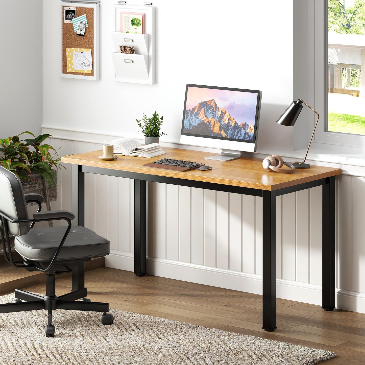Need Computer Desk, 47 inch Home Office Desk, Modern Simple Style Home Office Gaming Desk, Basic Writing Table for Study Student, Black Metal Frame, Teak Tabletop