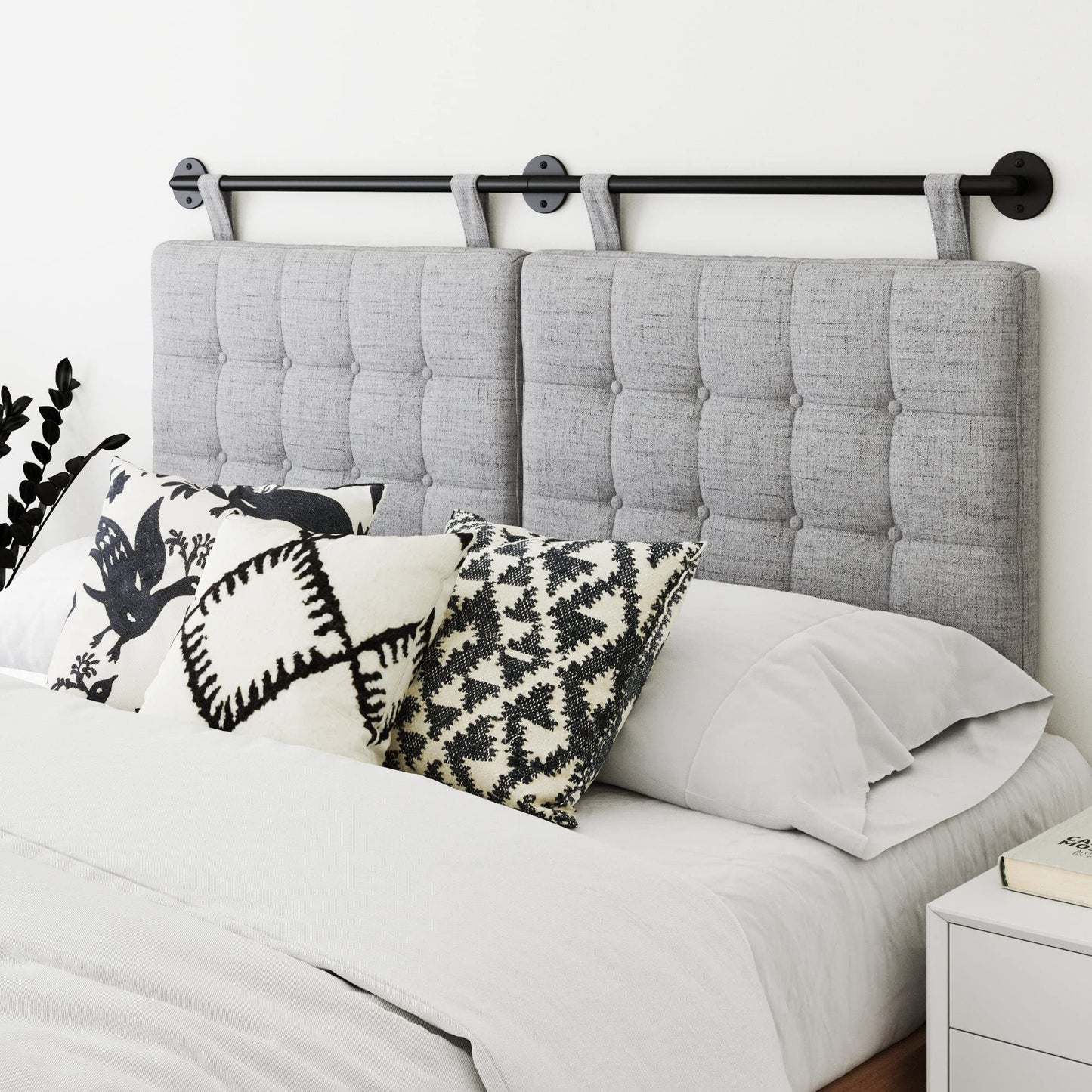 Nathan James Remi Queen Size Grey Button Tufted Wall Mount Headboard, Padded Upholstered Fabric Panels, Adjustable Height Straps with Black Matte Metal Rail, Grey/Black