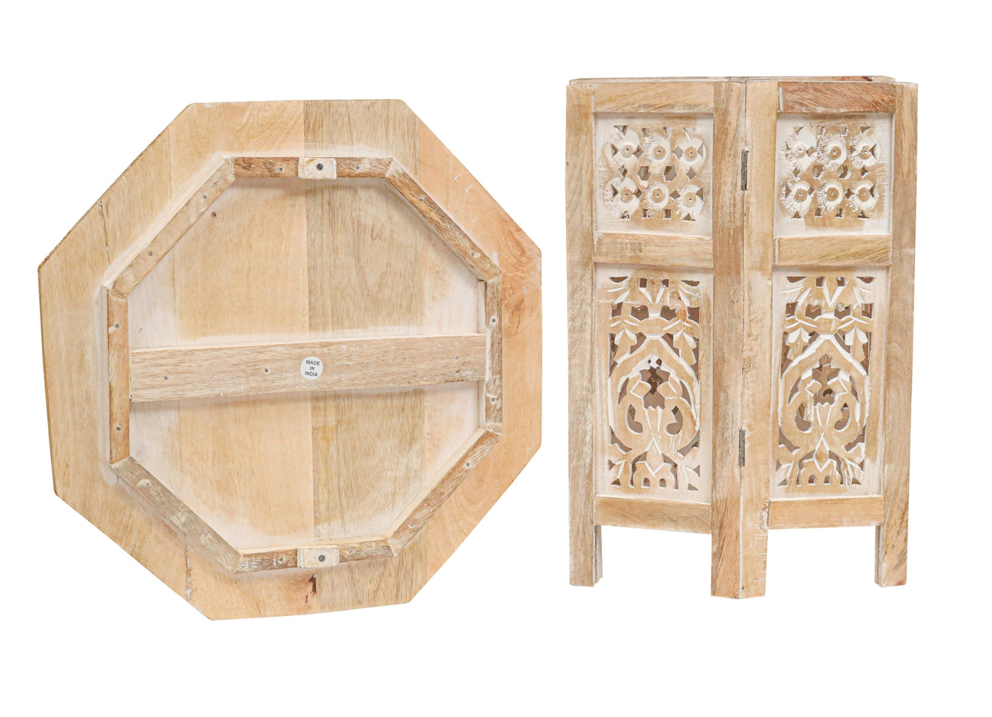 The Wooden Town Side Tables– Hand Carved Vintage Boho Folding End Tables for Living Room, Entryway, Living Room, Bedroom – No Tools Assembly, 18"x18" Octagon, White wash Finish