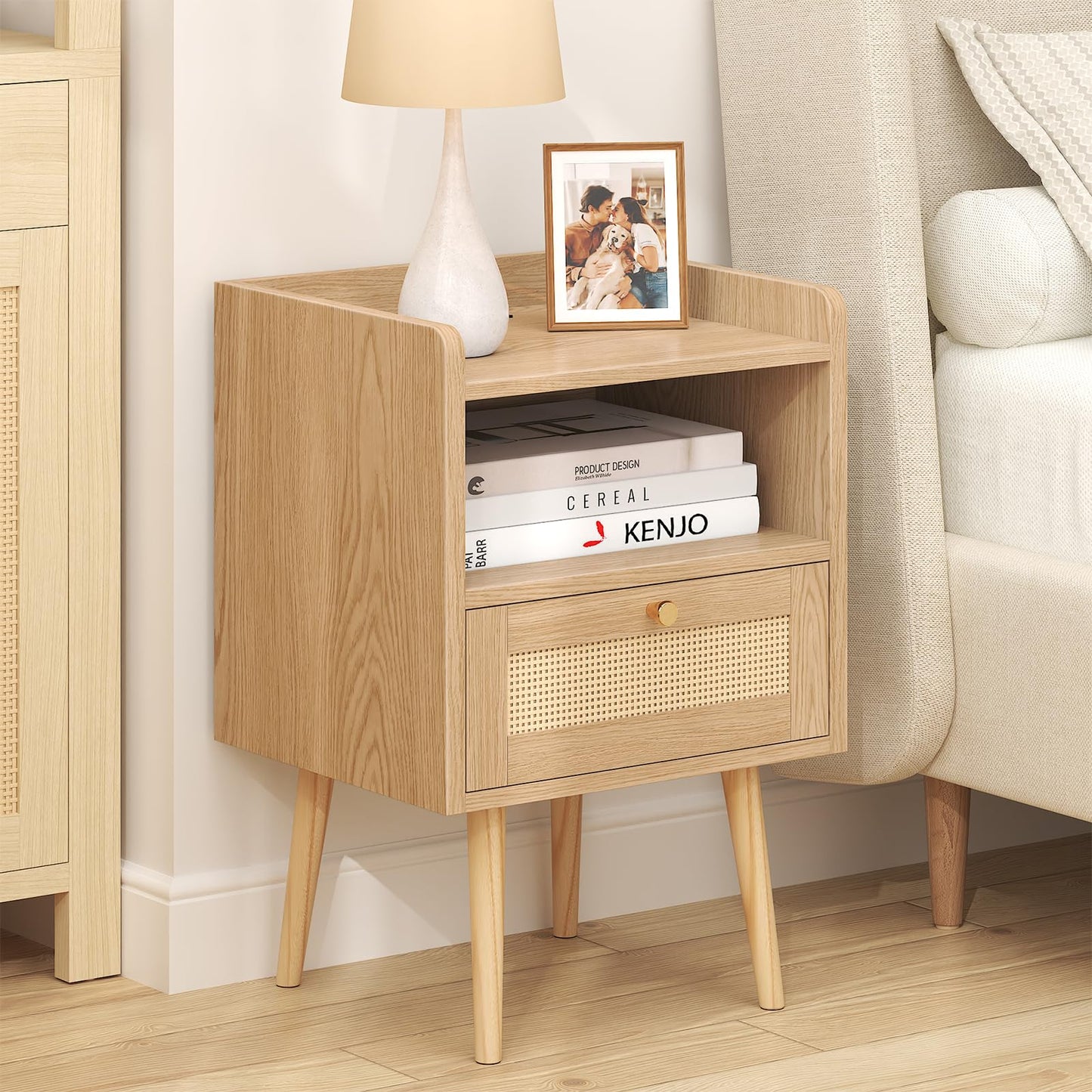 MECHYIN Night Stand Set 2, Nightstands Set of 2 with Charging Station, Rattan Side Tables with Solid Wood Legs, Boho Bedside End Table for Apartment Bedroom Dorm Small Space