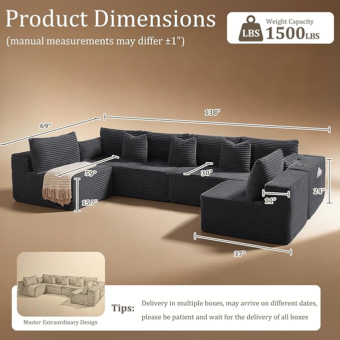 138" Cloud Sectional Couch, Comfort U Shaped Sofa